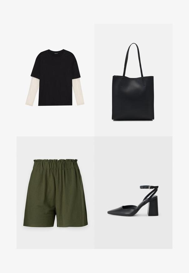 Fekete pamut póló, rövid ujjal, fehér hosszú ujjú réteg fölött, finom textúrával. Kerek nyakkivágású dizájn.; Sötétzöld, rugalmas derékpánttal ellátott, laza szabású rövidnadrág, zsebek nélkül. Puha, könnyű anyagból készült.; Fekete bőr, hegyes orrú magassarkú cipő boka pánttal és vastag sarokkal. Sima textúra, elegáns dizájn és minimális esztétika.; Fekete bőrtáska sima felszínnel, téglalap alakú, két hosszú füllel. Nincs látható fémkiegészítő vagy díszítés.