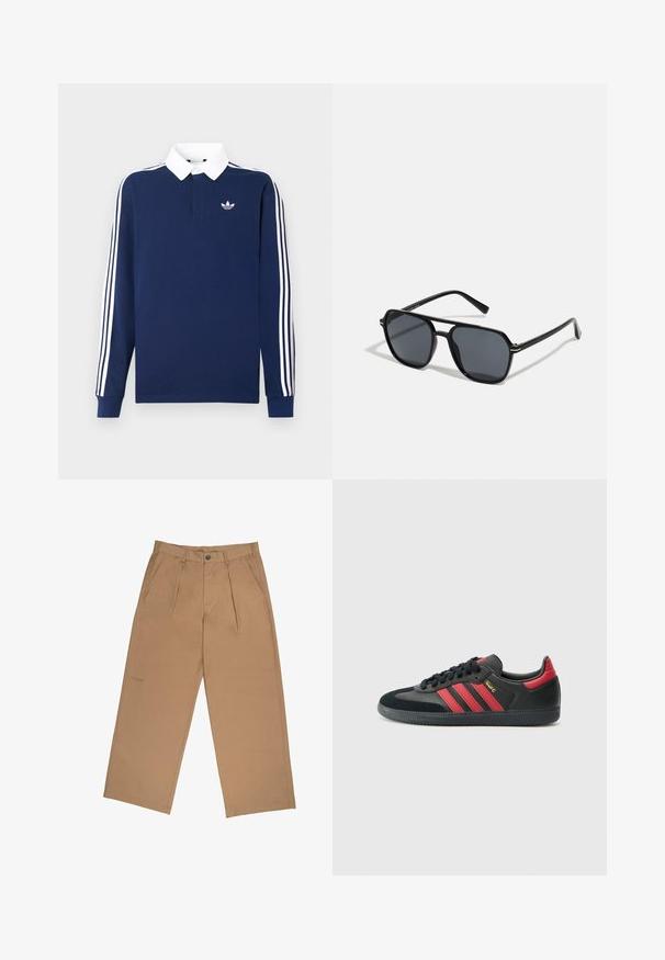 Tengerészkék hosszú ujjú galléros póló, pamut anyagból, fehér gallérral, klasszikus három fehér csíkkal az ujjakon, a mellrészen kis logóval.; Sima textúrájú anyagból készült bézs nadrág, redőkkel, gombzással és a szegély közelében hímzett logóval.; Fekete sportcipő piros csíkokkal, bőr és velúr anyagból, kerek orral, sík gumitalppal, oldalán arany színű felirattal.; Fekete napszemüveg nyolcszögletű kerettel, sötét lencsékkel, fényes felülettel, vékony szárakkal és arany díszítéssel az elülső részén.