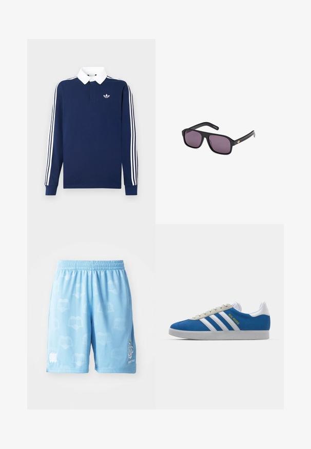 Marineblaues, langärmeliges Poloshirt aus Baumwollstoff, weißer Kragen, klassische drei weiße Streifen entlang der Ärmel, mit kleinem Logo auf der Brust.; Helleblaue Sportshorts aus glattem Material, mit einem dezenten Muster, einem elastischen Bund und bedruckten Logo-Akzenten an einem Bein.; adidas Originals ADIDAS GAZELLE SHOES - Indoor-Fußballschuhe - real madrid/bluebird/footwear white/crew yellow; Schwarze Sonnenbrille mit quadratischem Rahmen, dunklen Gläsern und einem goldenen Logoakzent am Bügel. Glattes Kunststoffmaterial mit matter Oberfläche.
