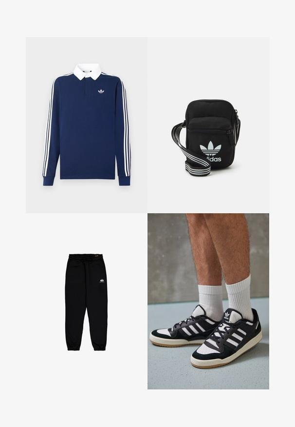 Mornarsko modra polo majica z dolgimi rokavi, bombažno blago, bel ovratnik, z značilnimi tremi belimi črtami vzdolž rokavov in majhnim logotipom na prsih.; Črne trenirke iz mehkega, elastičnega materiala. Imajo elastičen pas s vrvico in elastične manšete. Majhen beli logotip na boku.; Črno-bele superge z zgornjim delom iz usnja in nubuka, ki imajo tri bele črte, perforiran vrh prstov in podplat iz gume.; Črna tkaninska torbica čez ramo z zadrgo, ki vsebuje belo Adidasovo logo in pridelano naramnico z več črtami za enostavno nošenje.