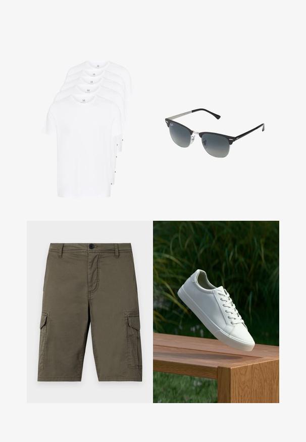 Balti trumpikės su trumpomis rankovėmis, sudarytos iš medvilnės. Turi apvalų kaklą ir tiesų kirpimą. Audinys atrodo lygus, be raštų.; Oliviniai cargo šortai, pagaminti iš tekstūruoto audinio, su dviem šoninėmis kišenėmis ir priekyje užsegimu mygtuku. Vidutinio ilgio, tiesaus kirpimo.; Baltos raištelinės sportbačiai, pakabinti virš medinės suolo su žaliais lapais fone, parodantys batų dizainą ir tekstūrą.; Juoda ir sidabrinė akiniai nuo saulės su katės akies forma, gradientinės lęšiai ir metalinės detalės ant rėmo. Plastikiniai šonai su pilkais galiukais.