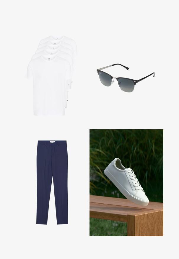 T-shirt bianchi a maniche corte impilati, realizzati in cotone. Presentano un collo rotondo e un taglio dritto. Il tessuto appare liscio senza pattern.; Pantaloni da abito blu navy realizzati in tessuto liscio, con frontale piatto, due tasche laterali, chiusura con zip e orlo pulito senza motivi o dettagli.; Sneaker bianco con lacci sospeso sopra una panchina di legno, con fogliame verde sullo sfondo, che mette in mostra il design e la texture della scarpa.; Occhiali da sole neri e argento con forma a occhio di gatto, lenti sfumate e dettagli metallici sulla montatura. Aste in plastica con punte grigie.