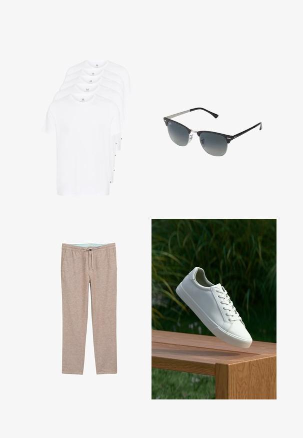 Witte T-shirts met korte mouwen gestapeld, gemaakt van katoen. Heeft een ronde hals en een rechte snit. Stof lijkt soepel zonder patronen.; Lichtbruine, zachtgeweven broek met een relaxte pasvorm, voorzien van een elastische tailleband en trekkoord voor verstelbaar comfort.; Witte vetersneaker die boven een houten bank zweeft met groene bladeren op de achtergrond, waarbij het ontwerp en de textuur van de schoen worden getoond.; Zwarte en zilveren zonnebril met een cat-eye vorm, gradient lenzen en metalen accenten op het montuur. Plastic armen met grijze punten.