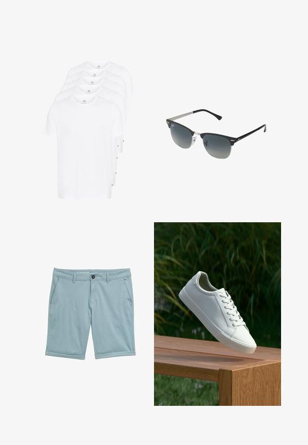 Fehér, rövid ujjú pólók egymásra rakva, pamutból készültek. Kerek nyakúak és egyenes szabásúak. Az anyag simának tűnik, mintázat nélkül.; Világoskék, sima textúrájú anyagból készült rövidnadrág. Gombos záródással, övbújtatókkal és felgöngyölített szegélyekkel rendelkezik.; Fehér fűzős sneaker lebeg egy fa padról, hátterében zöld növényzet található, bemutatva a cipő dizájnját és textúráját.; Fekete és ezüst napszemüveg, macska-szem forma, gradient lencsék és fémszínek a kereten. Műanyag szárak szürke végekkel.