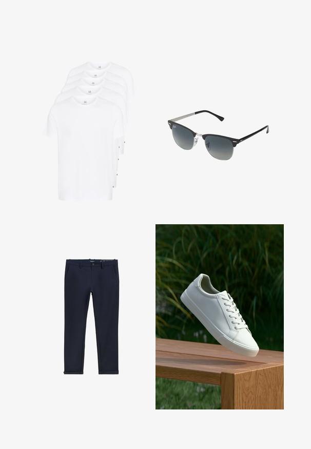 Białe koszulki z krótkim rękawem ułożone w stos, wykonane z bawełny. Posiadają okrągły dekolt i prosty krój. Materiał wydaje się gładki, bez wzorów.; Granatowe spodnie z gładkiego materiału, z zapięciem na guzik z przodu, szlufkami na pasek, kieszeniami po bokach i podwiniętymi mankietami dla eleganckiego wyglądu.; Białe sneakersy sznurowane unoszące się nad drewnianą ławką z zielonymi liśćmi w tle, ukazujące wzór i teksturę buta.; Czarno-srebrne okulary przeciwsłoneczne w kształcie kociego oka, z gradientowymi soczewkami i metalowymi akcentami na oprawie. Plastikowe ramiona z szarymi końcówkami.