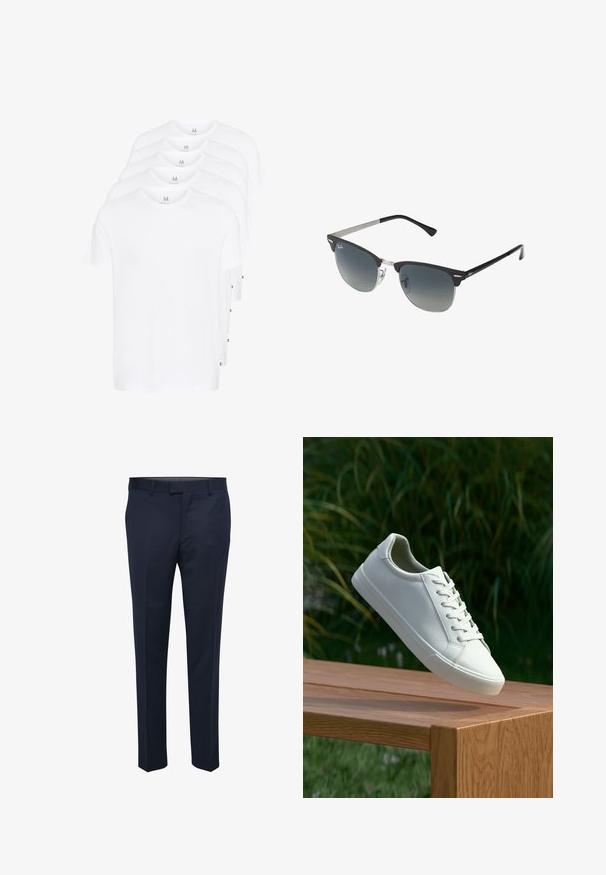 Bijele majice kratkih rukava složene, napravljene od pamuka. Imaju okrugli izrez i ravni kroj. Tkanina izgleda glatko bez uzoraka.; Mornarski hlače napravljene od glatkog materijala, s ravnim prednjim dijelom, koso postavljenim džepovima i ravnim krojem. Minimalističke, bez vidljivih uzoraka.; Bijele tenisice s vezicama lebde iznad drvenih klupa uz pozadinu zelenog lišća, prikazujući dizajn i teksturu obuće.; Crne i srebrne sunčane naočale s oblikom mačjih očiju, lećama s gradijentom i metalnim detaljima na okviru. Plastične ručke s sivim vrhovima.