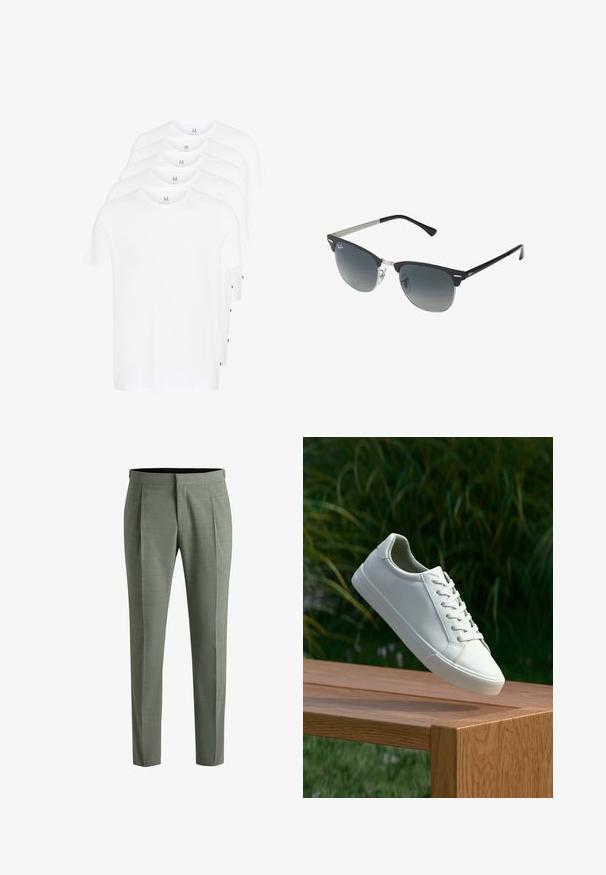 Valkeat lyhythihaiset t-paidat pinottuna, valmistettu puuvillasta. Ominaisuuksina pyöreä kaula-aukko ja suora leikkaus. Kangas näyttää sileältä ilman kuvioita.; Sovitetut housut hillityssä vihreässä kankaassa, jossa on hienovarainen rakenne, suora leikkaus ja sivupleutsit lisäyksinä.; Valkoiset nauhalla kiinnitettävät lenkkarit leijuvat puupenkillä, taustalla vihreää kasvillisuutta, tuoden esiin kengän muotoilua ja pintarakennetta.; Mustat ja hopeiset aurinkolasit, joissa on kissansilmämuoto, gradientti linssit ja metalliset yksityiskohdat kehysissä. Muoviset sangan päät harmaat.