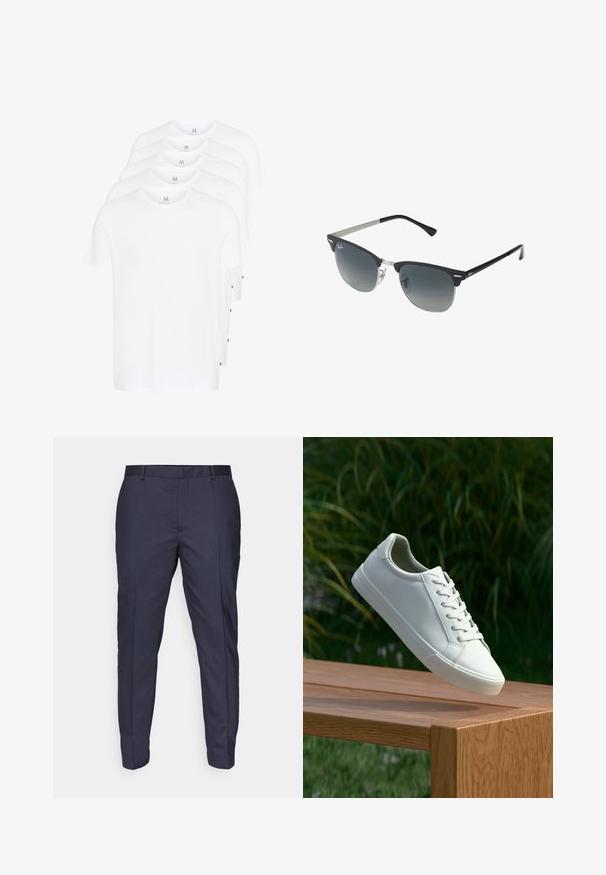 Balti trumpikės su trumpomis rankovėmis, sudarytos iš medvilnės. Turi apvalų kaklą ir tiesų kirpimą. Audinys atrodo lygus, be raštų.; Tamsiai mėlynos kelnės su lygiu paviršiumi, aptempto kirpimo dizainu ir raukšlėmis. Turi diržo kilpas ir užtrauktuką užsegimui.; Baltos raištelinės sportbačiai, pakabinti virš medinės suolo su žaliais lapais fone, parodantys batų dizainą ir tekstūrą.; Juoda ir sidabrinė akiniai nuo saulės su katės akies forma, gradientinės lęšiai ir metalinės detalės ant rėmo. Plastikiniai šonai su pilkais galiukais.