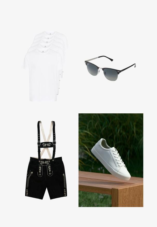 Witte T-shirts met korte mouwen gestapeld, gemaakt van katoen. Heeft een ronde hals en een rechte snit. Stof lijkt soepel zonder patronen.; Zwarte suede lederhosen met geborduurde bloemenpatronen, verstelbare bandjes, zilveren knopen en zijzakken. Accenten in zilverdraad.; Witte vetersneaker die boven een houten bank zweeft met groene bladeren op de achtergrond, waarbij het ontwerp en de textuur van de schoen worden getoond.; Zwarte en zilveren zonnebril met een cat-eye vorm, gradient lenzen en metalen accenten op het montuur. Plastic armen met grijze punten.
