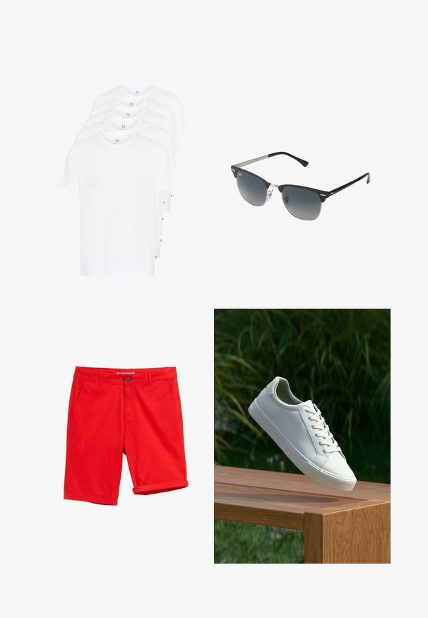 Witte T-shirts met korte mouwen gestapeld, gemaakt van katoen. Heeft een ronde hals en een rechte snit. Stof lijkt soepel zonder patronen.; Rode katoenen shorts met een vlakke voorkant, twee zijzakken en één achterzak. Omgerolde mouwen en een knoopsluiting.; Witte vetersneaker die boven een houten bank zweeft met groene bladeren op de achtergrond, waarbij het ontwerp en de textuur van de schoen worden getoond.; Zwarte en zilveren zonnebril met een cat-eye vorm, gradient lenzen en metalen accenten op het montuur. Plastic armen met grijze punten.