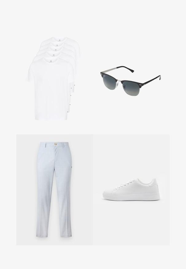 Białe koszulki z krótkim rękawem ułożone w stos, wykonane z bawełny. Posiadają okrągły dekolt i prosty krój. Materiał wydaje się gładki, bez wzorów.; Jasnoniebieskie spodnie materiałowe o klasycznym kroju, proste nogawki, kieszenie z przodu i zapięcie na guzik. Subtelny wzór.; Białe trampki z gładką syntetyczną cholewką, okrągłym noskiem, sześcioma oczkami na sznurowadła i niskoprofilową gumową podeszwą z fakturowanymi detalami.; Czarno-srebrne okulary przeciwsłoneczne w kształcie kociego oka, z gradientowymi soczewkami i metalowymi akcentami na oprawie. Plastikowe ramiona z szarymi końcówkami.