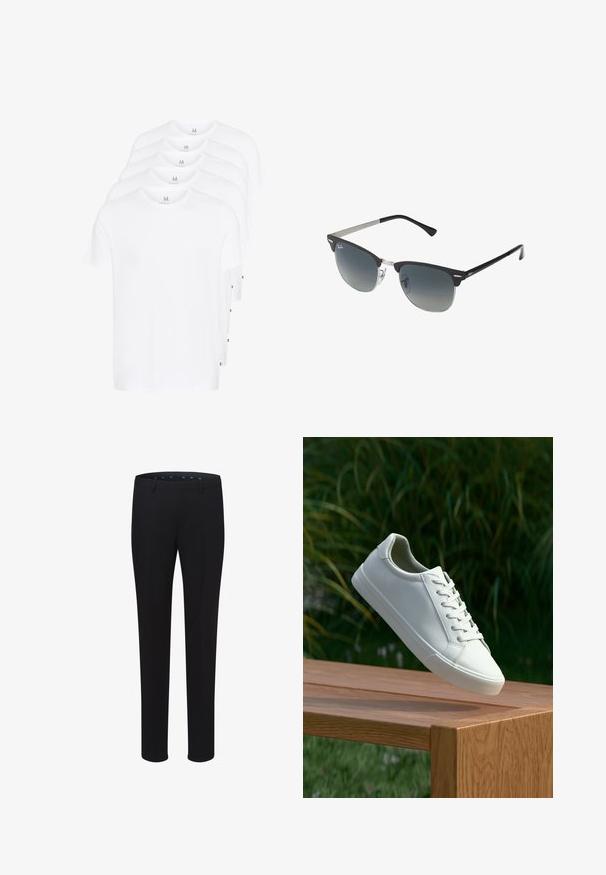Bílé trička s krátkým rukávem poskládaná, vyrobená z bavlny. Mají kulatý výstřih a rovný střih. Tkanina vypadá hladce, bez vzorů.; Černé kalhoty na míru s hladkou texturou, rovnými nohavicemi a poutek na pás. Mají klasický střih a žádné viditelné vzory nebo akcenty.; Bílé šněrovací tenisky, které se vznášejí nad dřevěnou lavicí, s zeleným listím v pozadí, předvádějící design a strukturu boty.; Černé a stříbrné sluneční brýle ve tvaru kočičích očí, se stupňovitými skly a kovovými detaily na rámu. Plastové nožičky s šedými konci.