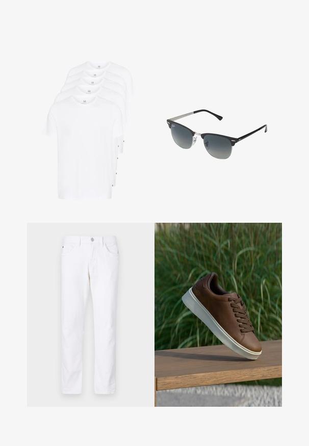 Balti trumpikės su trumpomis rankovėmis, sudarytos iš medvilnės. Turi apvalų kaklą ir tiesų kirpimą. Audinys atrodo lygus, be raštų.; Balti džinsai iš medvilnės su tiesiu sutrumpintu kirpimu, turintys sagų uždarymą, penkias kišenes ir subtilius siuvinėjimo akcentus.; Rudos odinės sportinės bateliai su balta guma padais, suapvalinta nosimi ir rudomis raišteliais. Tekstūruota atrama ant padais ir lygus paviršius viršuje.; Juoda ir sidabrinė akiniai nuo saulės su katės akies forma, gradientinės lęšiai ir metalinės detalės ant rėmo. Plastikiniai šonai su pilkais galiukais.