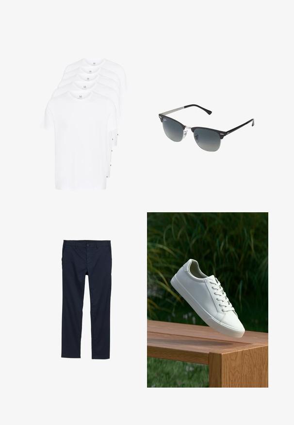Witte T-shirts met korte mouwen gestapeld, gemaakt van katoen. Heeft een ronde hals en een rechte snit. Stof lijkt soepel zonder patronen.; Marineblauwe lichte broek met een zachte textuur, rechte pijpen, knoopsluiting en zijzakken.; Witte vetersneaker die boven een houten bank zweeft met groene bladeren op de achtergrond, waarbij het ontwerp en de textuur van de schoen worden getoond.; Zwarte en zilveren zonnebril met een cat-eye vorm, gradient lenzen en metalen accenten op het montuur. Plastic armen met grijze punten.