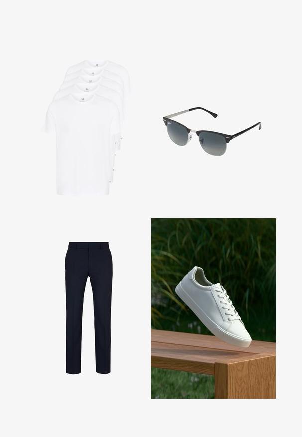 Valkeat lyhythihaiset t-paidat pinottuna, valmistettu puuvillasta. Ominaisuuksina pyöreä kaula-aukko ja suora leikkaus. Kangas näyttää sileältä ilman kuvioita.; Merihenkiset housut räätälöidyllä istuvuudella, valmistettu sileästä kankaasta suoran lahkeen muotoilulla, jossa on vyölenkit ja hienovaraiset taitteet.; Valkoiset nauhalla kiinnitettävät lenkkarit leijuvat puupenkillä, taustalla vihreää kasvillisuutta, tuoden esiin kengän muotoilua ja pintarakennetta.; Mustat ja hopeiset aurinkolasit, joissa on kissansilmämuoto, gradientti linssit ja metalliset yksityiskohdat kehysissä. Muoviset sangan päät harmaat.