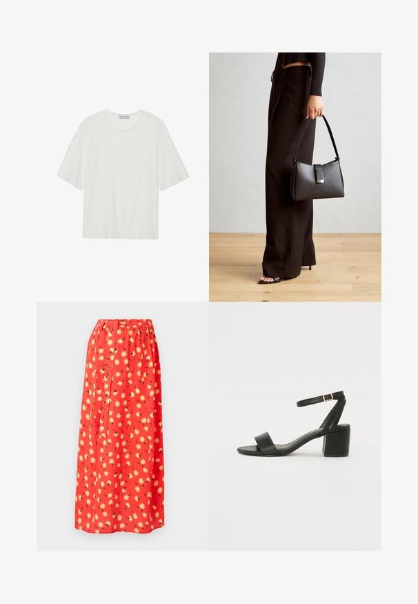 Camiseta blanca de manga corta hecha de tela suave. Cuenta con un escote redondeado y una forma ligeramente cuadrada. Textura suave, minimalismo en el diseño.; Falda larga roja hecha de tela ligera, con un patrón floral que presenta margaritas amarillas y detalles en negro. Cintura elástica para mayor comodidad.; Sandalia de tacón negro con parte superior de cuero suave, punta abierta, tiras frontales anchas y correa ajustable en el tobillo con detalle de hebilla dorada.; Bolso negro con forma estructurada, textura suave y un cierre metálico. Combinado con pantalones anchos negros y sandalias de dedo en un suelo de madera.