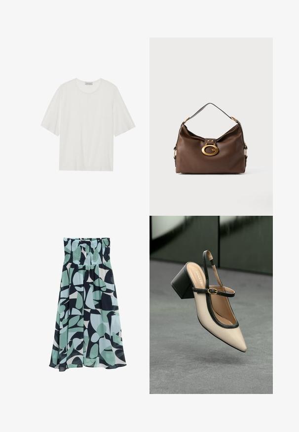 Biała krótka koszulka z krótkim rękawem wykonana z miękkiego materiału. Posiada okrągły dekolt i lekko pudełkowy fason. Gładka faktura, minimalne detale.; Rozkloszowana spódnica w abstrakcyjny wzór w jasnym miętowym i granatowym kolorze. Posiada elastyczny pas oraz zwiewny, lekki materiał o miękkiej strukturze.; Beżowe buty typu slingback z ostrym noskiem, czarnym wykończeniem, złotą klamrą i grubym obcasem na szarym podłożu z ciemnozielonym tłem.; Brązowa skórzana torebka o teksturowanym wykończeniu, z zapięciem w kolorze złota i pojedynczym, zakrzywionym paskiem na ramię.