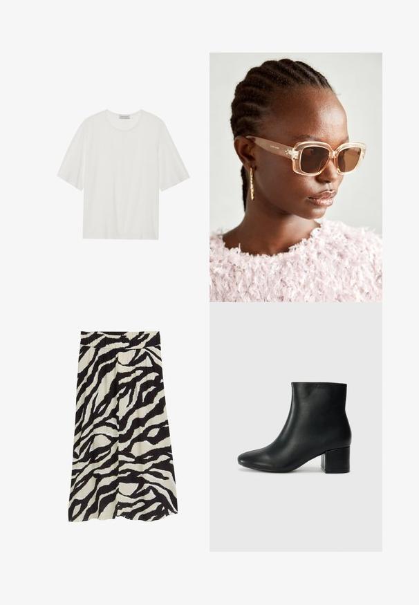 Weißes Kurzarm-T-Shirt aus weichem Stoff. Mit rundem Ausschnitt und einer leicht kastigen Form. Glatte Textur, minimale Details.; Schwarz-weißes Rock mit einem Zebra-Streifenmuster, plissiertem Design, elastischem Bund und fließender Silhouette.; Schwarze Leder-Ankle-Boots mit spitzem Zehenbereich und klobigem Absatz. Glatte Textur mit minimalen Akzenten und einem eleganten, taillierten Design.; Beige übergroße Sonnenbrille mit klarem Rahmen und braun getönten Gläsern, die subtile florale Akzente und ein mutiges, geometrisches Design aufweist.