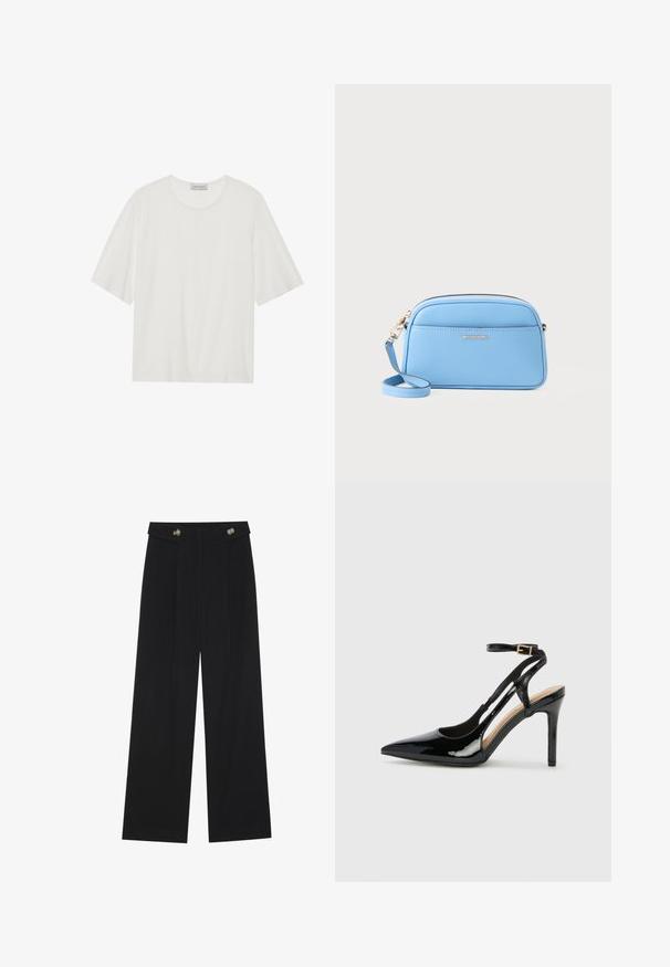 Camiseta branca de manga curta, feita de tecido suave. Apresenta um decote arredondado e uma forma ligeiramente boxy. Textura lisa, com detalhes mínimos.; Calças largas pretas com cintura alta, detalhes em botão na cintura e pregas frontais.; Sandal de salto alto em verniz preto, com bico fino, tira ajustável no tornozelo e laterais abertas. Textura suave.; Bolsa crossbody em couro azul claro com acessórios em tom de ouro, fecho em zip, e um bolso frontal. Apresenta uma alça ajustável para conveniência.