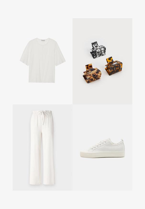 Biała krótka koszulka z krótkim rękawem wykonana z miękkiego materiału. Posiada okrągły dekolt i lekko pudełkowy fason. Gładka faktura, minimalne detale.; Białe spodnie w szerokim kroju wykonane z miękkiego materiału, z elastycznym paskiem w talii i gładką fakturą. Brak widocznych wzorów lub ozdób.; Białe sneakersy z płótna o teksturowanym wykończeniu, okrągłym nosku, płaskiej podeszwie i sznurowanym przodzie. Posiadają lekko postrzępiony kołnierz oraz pętelkę do zakupu.; Trzy spinki do włosów: jedna w czarno-białe marmurkowe wzory, dwie w kolorach brązu i czerni w stylu żółwi, wszystkie wykonane z błyszczącego plastiku z teksturowanym wykończeniem.