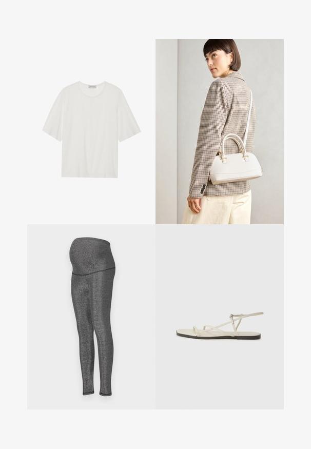 Bílý krátký rukáv tričko vyrobené z měkké tkaniny. Má kulatý výstřih a mírně boxy střih. Hladká textura, minimální detaily.; Těhotenské legíny z elastického, metalického černého materiálu. Vysoký pas navržený pro pohodlí, elegantní střih nohou, s hladkým povrchem.; Béžové ploché sandály s několika štíhlými pásky a nastavitelnou přezkou. Podešev je plochá s mírným tmavým kontrastem na okraji.; Bílá strukturovaná kabelka s krátkými uchy a ramenním popruhem, zdobená zlatými kovovými prvky a texturovaným materiálem, vystavená na šedém pozadí.