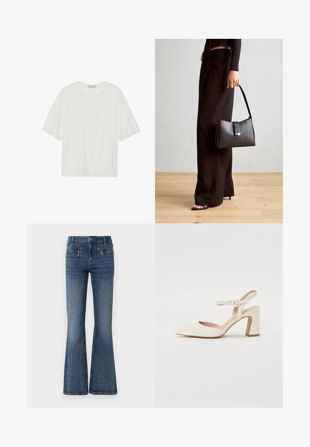 Balta trumpa rankovėmis marškinėliai, pagaminti iš minkštos medžiagos. Turi apvalų iškirpimą ir šiek tiek dėžutės formą. Lygi tekstūra, minimalus dekoravimas.; Mėlyni džinsai su plačiomis blauzdomis, vidutinio aukščio juosmeniu, turi priekines ir galines kišenes bei subtilų išblukimą.; Kreminės spalvos klasikės su smailiu bato pirštu ir storu kulnu. Apyrankė plona, su apvaliu užsegimu, o oda lygi.; Juodas rankinė struktūrizuota forma, lygi tekstūra ir metalinis užsegimas. Suporuota su plačiomis juodomis kelnėmis ir atvirais bateliais ant medinių grindų.