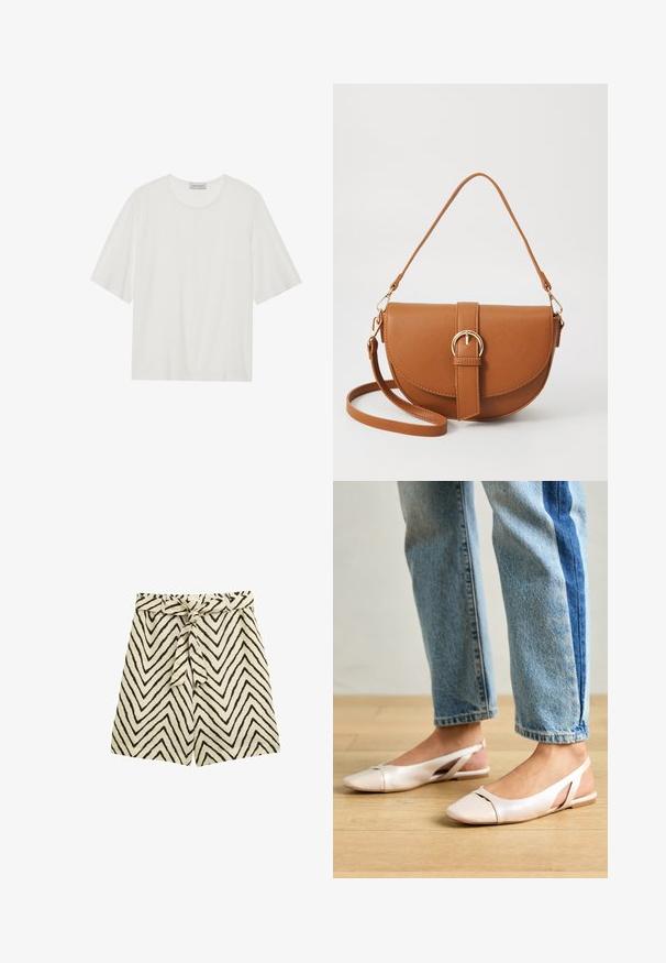 Witte t-shirt met korte mouwen, gemaakt van zachte stof. Heeft een ronde halslijn en een lichtjes boxy vorm. Gladde textuur, minimale detaillering.; Lichtgewicht shorts in een beige stof met zwarte zigzagpatronen. Kenmerkt een strikceintuur bij de taille en heeft een relaxte pasvorm.; Zachtroze slingback ballerina's met een spitse neus, gemaakt van een glad leerachtig materiaal. Bevat uitsnijdingen aan de zijkanten en heeft een platte hak.; Bruine leren schoudertas met een gebogen vorm, gouden hardware en een gespaccent. Bevat een afneembare schouderriem.