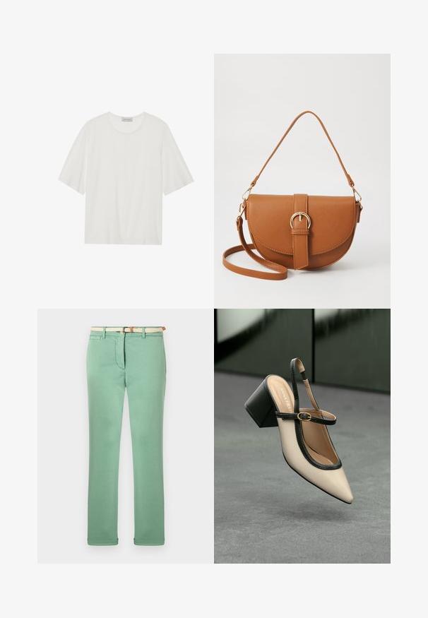 Valkoinen lyhythihainen t-paita pehmeästä kankaasta. Ominaisuuksina pyöreä pääntie ja hieman laatikkomainen muoto. Sileä tekstuuri, minimaalinen yksityiskohtaisuus.; Vaaleanvihreät puuvillahousut, joissa on suora lahje, kudottu vaaleankäyryävyö ja etutaskut. Liukas pinta, jossa on vähäisesti ompeluja.; Beige slingback-kengät, joissa on musta reuna, kultahakas, ja paksu lohkoheel, harmaalla lattialla tummanvihreää taustaa vasten.; Ruskean nahkainen olkalaukku, jossa on kaareva muoto, kultaiset yksityiskohdat ja solkiyksityiskohta. Varustettu irrotettavalla olkahihnalla.