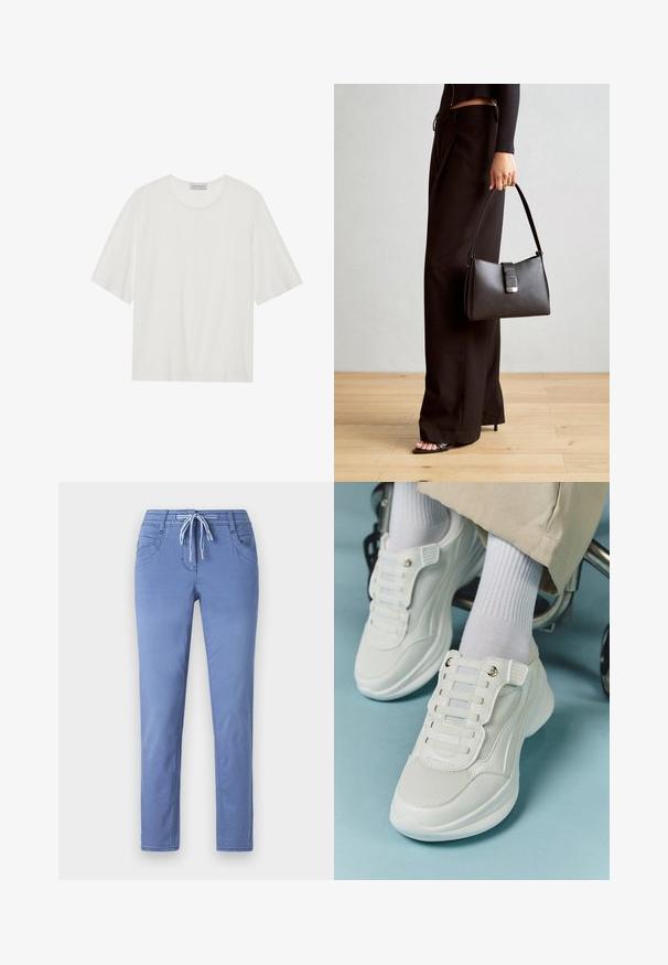 Bela kratka majica s kratkimi rokavi, izdelana iz mehkega materiala. Ima okrogel izrez in nekoliko škatlasto obliko. Gladka površina, minimalno podrobnosti.; Svetlo modre hlače z elastičnim pasom, dvema sprednjima žepoma in slim fit krojem. Tkanina ima mehak teksturo s subtilnimi detajli šivanja.; Bele teniske z mrežastim materialom, gumene podplate, brez vezalk, z elastikami in zlatimi akcenti.; Črna torbica z strukturirano obliko, gladko teksturo in kovinskim zaponko. Ujemajo se z širokimi črnimi hlačami in odprtimi sandali na lesenem tleh.