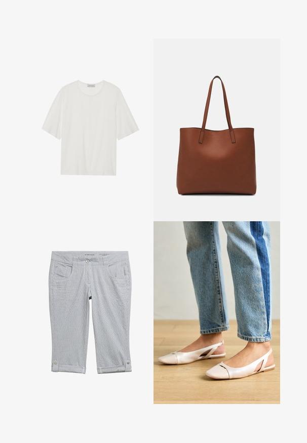 Tricou alb cu mânecă scurtă, fabricat dintr-un material moale. Dispune de un guler rotund și o siluetă ușor boxy. Textură netedă, detalii minimale.; Pantaloni capri cu dungi în gri deschis și alb. Încălzire cu nasture, patru buzunare și margini răsucite cu accente de nasture. Textură moale a materialului.; Sandalete plate de un roz pal cu vârf ascuțit, realizate dintr-un material asemănător pielii, neted. Prezintă detalii decupate pe laterale și un toc plat.; Geantă de umăr din piele maro cu o textură netedă, design cu vârf deschis și două curele pentru umăr. Prezintă cusături minime și fără componente metalice vizibile.
