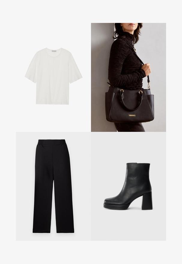 White short-sleeve t-shirt made of soft fabric. Features a rounded neckline and a slightly boxy shape. Smooth texture, minimal detailing.; Black pleated wide-leg pants with an elastic waistband. Material has a textured finish. No visible hardware or patterns.; Black leather ankle boot with a block heel and platform sole, viewed from the side on a plain white background.; Black handbag with textured surface, dual top handles, and adjustable shoulder strap. Features gold-tone hardware and side pockets.