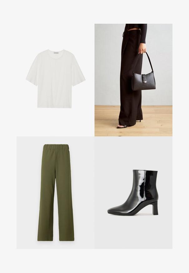 Witte t-shirt met korte mouwen, gemaakt van zachte stof. Heeft een ronde halslijn en een lichtjes boxy vorm. Gladde textuur, minimale detaillering.; TOM TAILOR DENIM PLEATED PANTS - Broek - grape leaf green; Zwarte gepolijste leren enkellaars met een spitse neus en een blokhak van gemiddelde hoogte. Glad textuur en minimalistisch ontwerp.; Zwarte handtas met gestructureerde vorm, gladde textuur en een metalen sluiting. Gecombineerd met brede zwarte broeken en sandalen met open teen op een houten vloer.