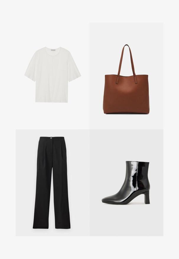 Bijela majica kratkih rukava napravljena od mekog materijala. Ima zaobljen izrez i blago kutni kroj. Glatka tekstura, minimalni detalji.; Crne, hlače visokog struka od glatkog materijala, s prednjim nabora, jednim dugmetom za zatvaranje i širokim nogavicama. Nema vidljivih džepova.; Crne lakirane kožne gležnjače s šiljastim prstom i srednje visokom blok petom. Glatka tekstura i minimalistički dizajn.; Smeđa kožna torba preko ramena s glatkom teksturom, otvorenim vrhom i dvjema naramenicama. Ima minimalne šavove i nema vidljivog hardvera.