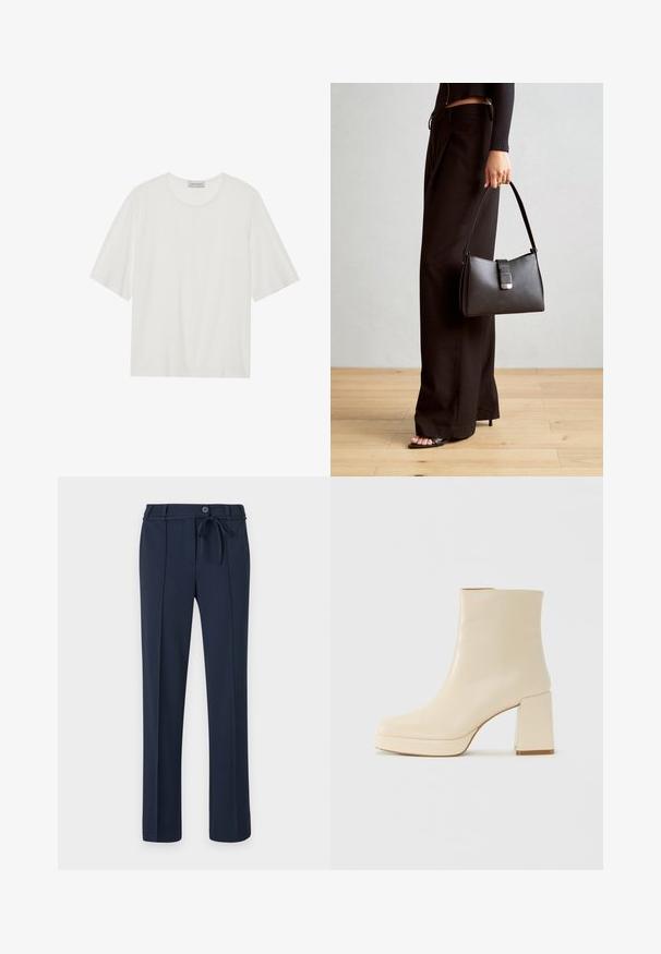 Balts īsām piedurknēm T-krekls, kas izgatavots no mīksta auduma. Tam ir apaļa kakla izgriezuma forma un nedaudz taisni piegriezums. Gluda virsma, minimāla noformējuma.; Jūras zila bikses, izgatavotas no gludas auduma, ar aukliņu jostu, priekšējām krokām un taisnu kāju dizainu. Bez kabatām vai izteiksmīgām rakstām.; Beige ādas potītes zābaki ar blokveida papēdi un platformas zoli, gluda virsma un nedaudz kvadrātveida purngali, vērsti pa kreisi uz balta fona.; Melnā somiņa ar strukturētu formu, gludu tekstūru un metālu sprādzi. Saskaņota ar platām melnām biksēm un sandālēm ar atvērtu purngalu uz koka grīdas.