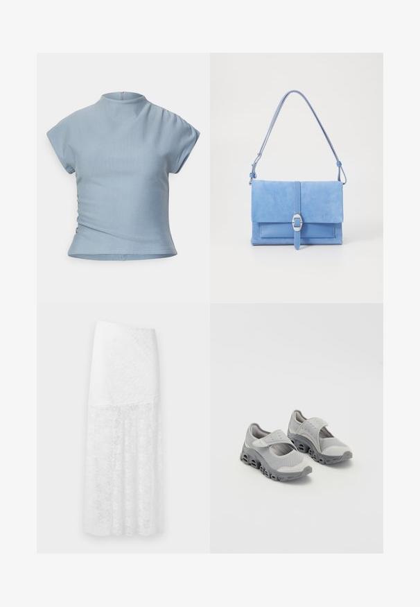Top corto de manga corta en azul claro con un alto cuello, diseño ajustado, detalles fruncidos en los hombros y una cremallera oculta en la parte posterior.; Blusa blanca de manga larga con escote en V, textura plisada, acentos fruncidos en la cintura y puños elásticos. Etiqueta de la marca visible en el interior.; Falda maxi blanca de encaje con patrón floral, que presenta una cintura ajustada y una parte inferior fluida y semitransparente. Material texturizado.; Zapatos ligeros grises con una parte superior de malla y una entresuela acolchada. Presentan una correa de gancho y bucle y una puntera redondeada con un diseño de suela perforada.; Bolso de mano de ante azul con base de cuero liso, tapa plegable, detalle de hebilla plateada y una larga correa ajustable.; Collarín de plata en forma de corazón con grabados ornamentales, suspendido de una fina cadena, que presenta un acabado metálico pulido.