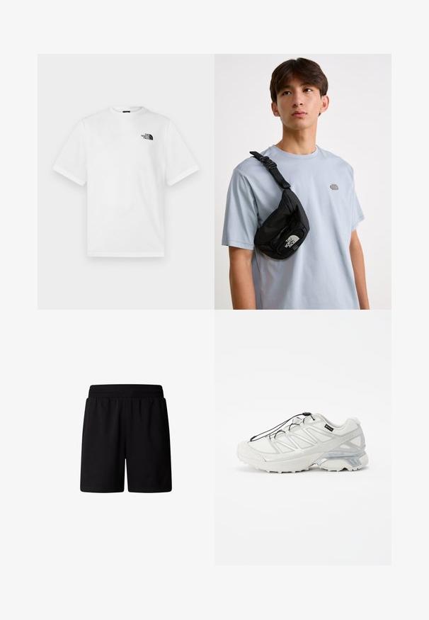 White cotton t-shirt featuring short sleeves and a crew neckline. Displays a small black logo on the left chest area.; Black athletic shorts with an elastic waistband. Made from soft, lightweight fabric with a smooth texture and no visible patterns or embellishments.; White athletic shoe with a textured mesh upper, reflective accents, and a cushioned sole. Features elastic laces and gray detailing.; Black nylon crossbody bag with adjustable strap, featuring a prominent white logo. Worn over a light blue t-shirt. Simple, functional design.