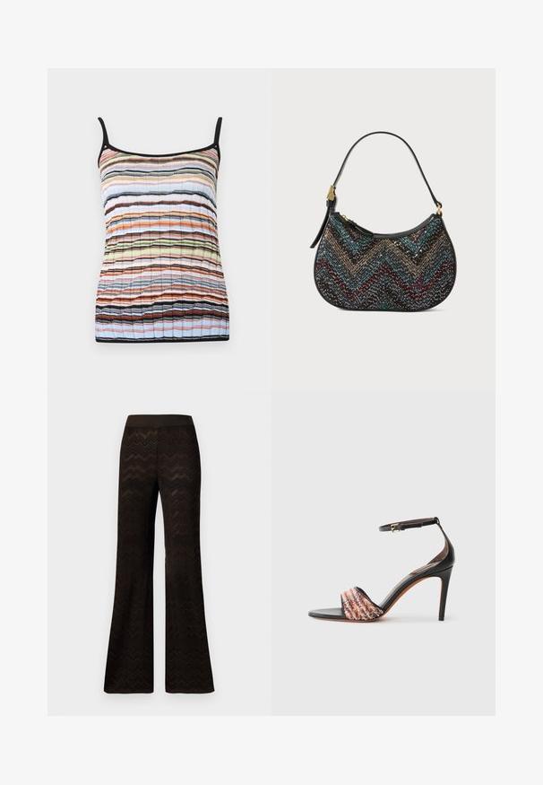 Multikleurige tanktop met horizontale strepen in oranje, blauw, groen en zwart. Gemaakt van lichte stof met dunne spaghettibandjes.; Zwarte wijde broek met een zigzagbreipatroon en elastische tailleband, tentoongesteld tegen een eenvoudige witte achtergrond.; Zwarte hak sandaal met een enkelbandje. Kenmerkt zich door een textuur, multicolor stoffen band over de tenen. Gladde leren afwerking.; Zwarte handtas met een gebogen vorm, voorzien van een gekleurd chevronpatroon en metallic draad. Het heeft een leren band en gouden hardware accenten.