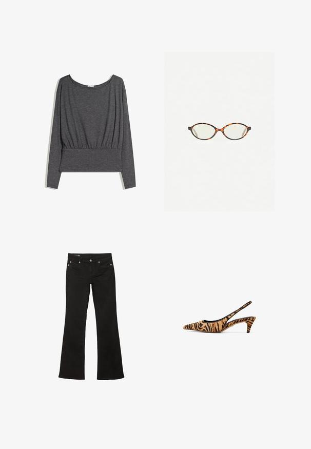 T-shirt à manches longues gris foncé en tissu doux. Doté d'un large col et d'un ourlet froncé, avec une coupe légèrement décontractée et une taille côtelée.; Jean noir évasé avec une texture lisse, présentant des accessoires en métal couleur cuivre et un design classique à cinq poches.; Chaussure slingback à bout pointu en tissu imprimé tigre orange et noir, avec un talon mince et un design ouvert à l'arrière pour plus de respiration.; Lunettes en écaille de tortue avec des verres ovales et une finition lisse et élégante. Présente des branches fines avec une courbure subtile au niveau des tempes. Verres transparents.
