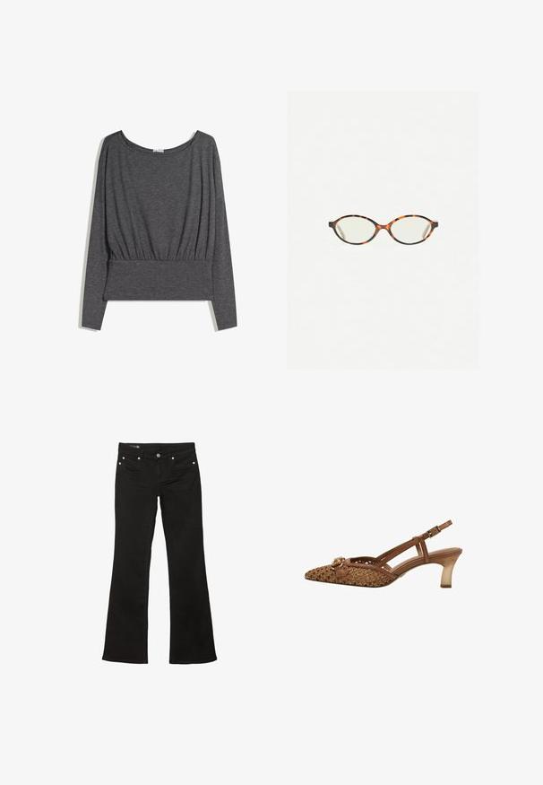 Ciemnoszara bluzka z długim rękawem, wykonana z miękkiego materiału. Posiada szeroki dekolt i marszczony dół, z lekko luźnym krojem i prążkowanym pasem.; Czarne jeansy w stylu dzwonów o gładkiej fakturze, z miedziową metalową ozdobą i tradycyjnym pięciopocketowym designem.; Brązowe, plecione buty na obcasie ze spiczastym czubkiem, cienkimi paskami, dekoracyjnym elementem w postaci klamry oraz przezroczystym, średniej wysokości obcasem.; Okulary w kolorze tortoiseshell z owalnymi soczewkami i gładkim, eleganckim wykończeniem. Posiadają cienkie boki z delikatnym łukiem w okolicy skroni. Przezroczyste soczewki.