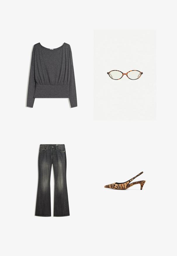 Mørk grå langærmet top lavet af blødt stof. Har en bred halsudskæring og samlede kant, med en let afslappet pasform og ribbet talje.; Sorte denim jeans med flared ben og en let falming, fem lommer og kontraststing, med standard knap og lynlås lukning.; Sko med spidse tæer og slingback i orange og sort tigermønster stof, med en slank hæl og et åbent bagdesign for åndbarhed.; Skildpaddebriller med ovale linser og en elegant, glat finish. Har tynde sider med en subtil kurve ved tindingerne. Klare linser.