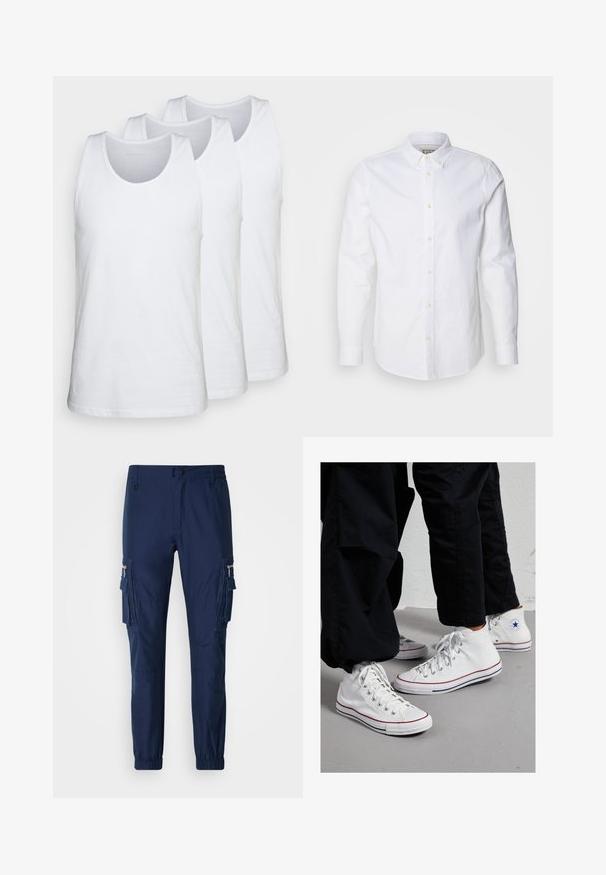Drei weiss Tanktops aus Baumwolle, mit rundem Halsausschnitt und ärmellosem Design, glatter Textur und normaler Passform.; Weiße Langarm-Hemden aus Baumwolle mit strukturiertem Kragen, dezenter Logo-Stickerei und hellbraunen Knöpfen.; Marine Cargo-Hosen aus leichtem Stoff, mit seitlichen Taschen, elastischen Bündchen und einem Reißverschlusstaschen-Detail.; Weiße Canvas High-Top-Sneaker mit Gummisohle, ausgestattet mit silbernen Ösen und roten sowie marineblauen Streifen entlang der Sohle.