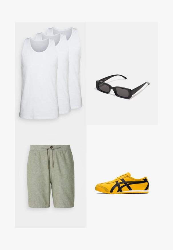 Verpakking van drie witte tanktops van katoen, met een ronde halslijn en mouwloos ontwerp, gladde textuur en standaard pasvorm.; Lichtgroene shorts gemaakt van een gestructureerde stof met een elastische tailleband, een trekkoord en een enkele knoopsluiting.; Gele sportieve schoen met zwarte accenten, gladde leren textuur, gebogen ontwerp, ronde teen, platte witte zool en opvallende branding aan de zijkant.; Zwarte rechthoekige zonnebril met donkere lenzen, glanzende afwerking, brede pootjes en een robuust frameontwerp. Gegraveerde merknaam op één van de pootjes.