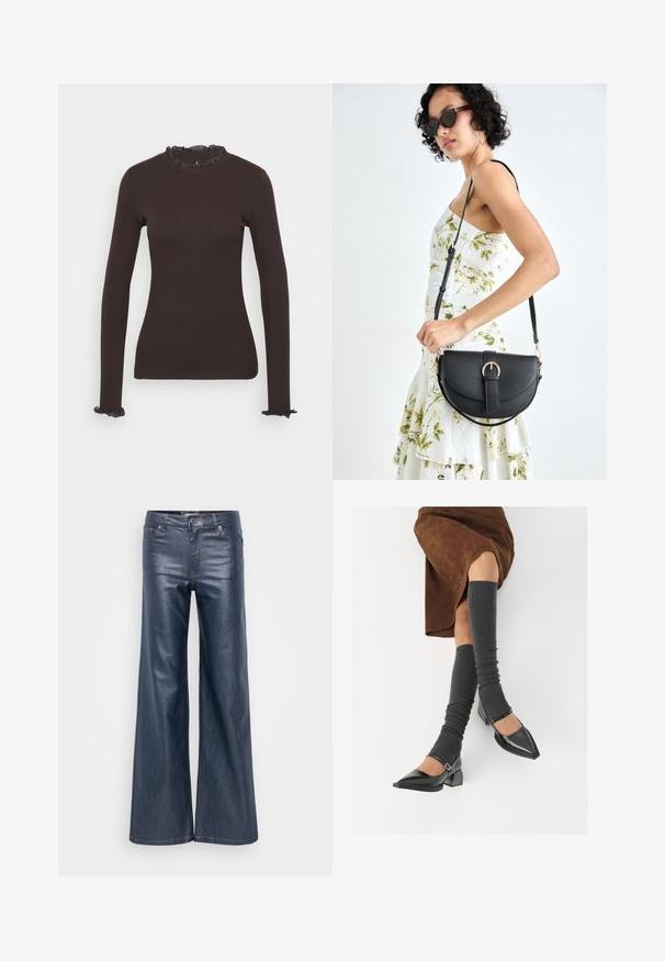 Camisola de mangas longas, em castanho escuro, feita de material elástico. Apresenta um decote com babados e detalhes em babados nos punhos das mangas.; Calças de ganga escuras de perna larga com uma textura suave, bolsos frontais e um fecho clássico com botão e zip. Design minimalista sem padrões visíveis.; Sapatos pretos de pele lacada com biqueira pontuda, salto bloco e tiras no tornozelo, combinados com caneleiras cinzas em malha e uma saia de camurça castanha.; Bolsa de couro preta com forma curva, alça destacável e detalhes em dourado. A bolsa possui uma aba com detalhe de fivela.