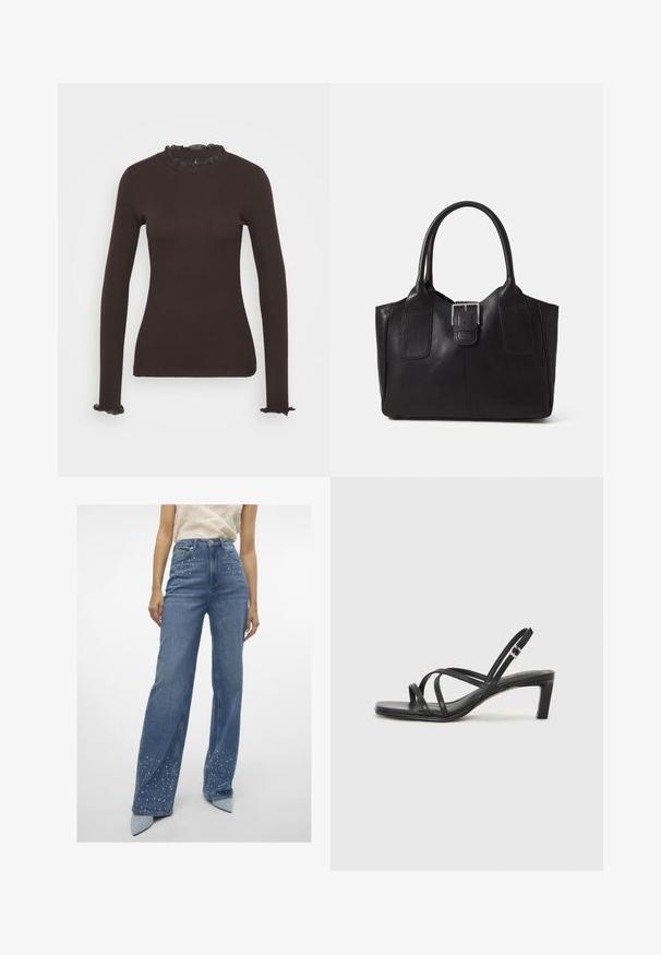 Garais piedurkņu tumši brūns tops, kas izgatavots no elastīga materiāla. Tam ir volānu apkakle un volāni uz piedurkņu galiem.; Vero Moda Tall VMTESSA PEARL - Brīva piegriezuma džinsi - medium blue denim; Melnas strappy sandales ar kvadrātveida purngaliem un zemu bloku papēdi. Ievērojamas ar vairākiem plāniem siksniņām un regulējamu potītes siksniņu. Izgatavotas no gludas ādas.; Melnas ādas somiņa ar gludu tekstūru, strukturētu formu, divām rokturām un izteiktu sudraba sprādzi priekšpusē.