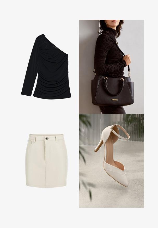 Juoda ilgomis rankovėmis palaidinė su vieno peties dizainu, tekstūruota raukšlėmis priekyje ir lygiu audinio paviršiumi.; Bežinė odinė mini sijonas, su prigludusia forma, priekyje užsegamas mygtuku ir keturiomis kišenėmis. Lygus paviršius su matomomis siūlėmis.; Balti aukštakulniai bateliai iš lygios medžiagos su smailiu pirštu ir kulkšnies dirželiu. Yra šviesiai rudos spalvos vidus ir auksinės spalvos detalės.; Juodas rankinės maišelis su struktūrizuota paviršiumi, dvigubais viršutiniais rankenėlėmis ir reguliuojamu peties diržu. Įrengtas aukso spalvos furnitūra ir šoninės kišenės.