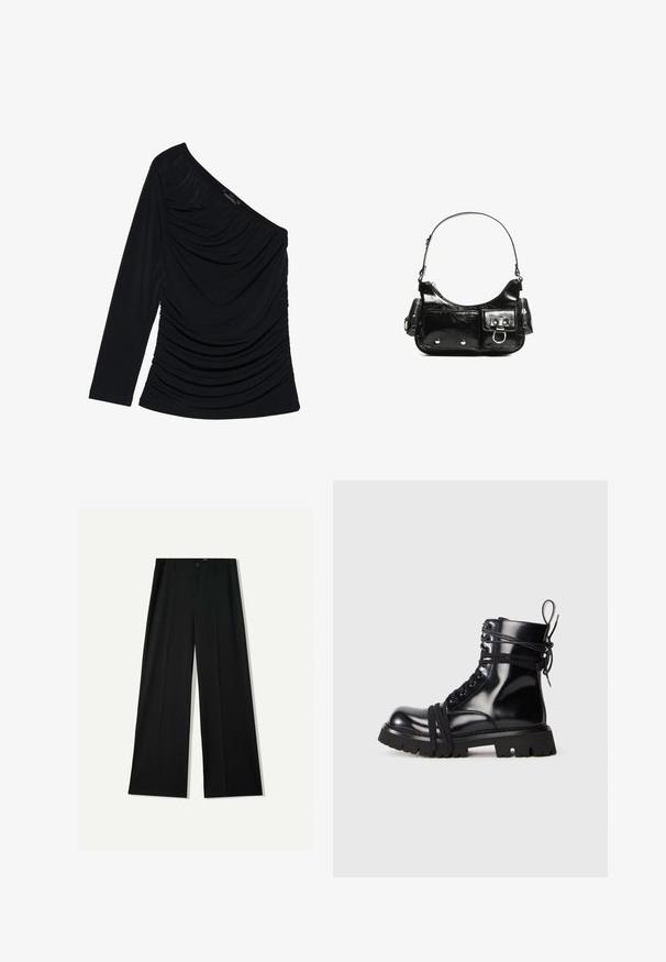 Fekete, hosszú ujjú felső, egy vállra szabott kialakítással, texturált redőzéssel az elején és sima anyagfelülettel.; Bershka WIDE - Nadrágok - black; Fekete műbőr csizma vaskos talppal, kerek orral és fűződíszítéssel. A fűzők körbe vannak hurkolva, és a sarkán húzófül található.; Fekete lakkbőr kézitáska ívelt formával, egy vállpánttal, elülső zsebekkel és ezüstszínű fémrészletekkel.