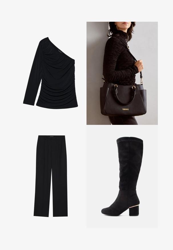 Haut noir à manches longues avec un design asymétrique, fronces texturées sur le devant et une finition en tissu lisse.; Pantalons noirs à coupe droite, dotés de deux poches avant et d'une taille. Fabriqués dans un tissu lisse et léger.; Botte noire hauteur genou en daim doux, avec un talon bloc épais et un accent doré. Texture lisse, design à bout rond.; Sac à main noir avec surface texturée, deux poignées supérieures et bandoulière réglable. Doté de quincaillerie dorée et de poches latérales.