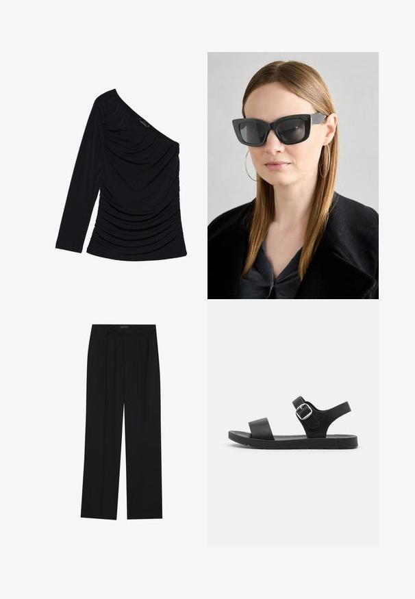 Black long-sleeve top featuring a one-shoulder design, textured ruching along the front, and a smooth fabric finish.; Black trousers with a straight-leg design, featuring two front pockets and a waistband. Made from a smooth, lightweight fabric.; Black sandal featuring a flat sole, adjustable buckle, two wide straps, and smooth texture, designed for comfort and ease of wear.; Black cat-eye sunglasses with dark lenses, thick frames, and subtle accents. Worn with a black coat and gray top, featuring long straight hair.