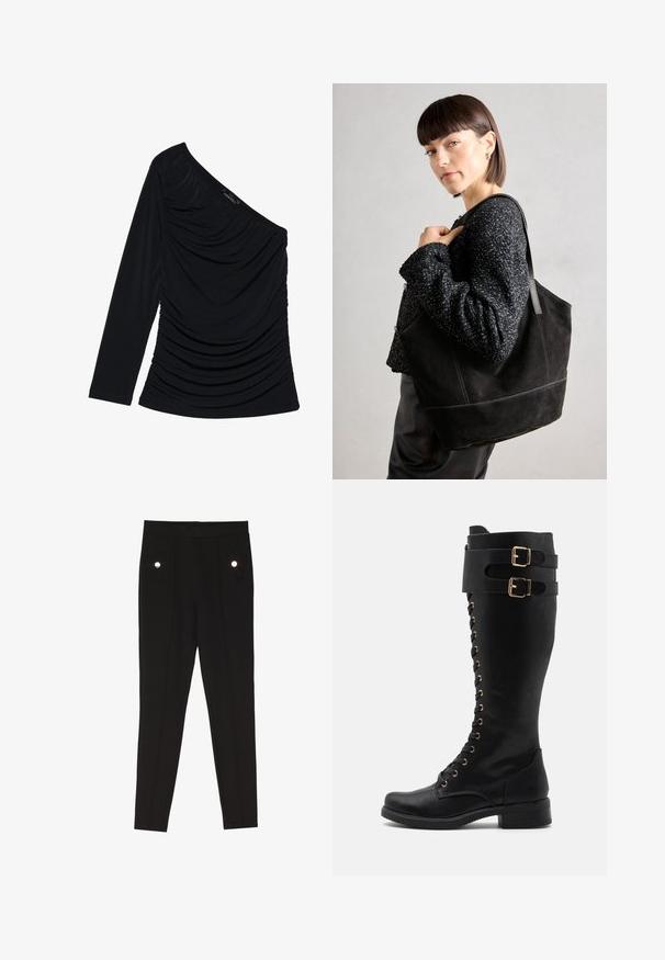 Melna garām piedurknēm blūze ar vienu plecu, ar teksturētu ručingu priekšpusē un gludu auduma apdari.; Melnas piegriezuma bikses ar gludu tekstūru, aprīkotas ar divām priekšējām kabatām ar dekoratīvām metāla apkārtēm un šauras piegriezuma dizainu.; Ceļgalu augstumā melni ādas zābaki ar zelta aksesuāriem, priekšpusē ar šņorēm, diviem sprādžu siksnām un bloku papēdi.; Melnas zamšādas somiņa ar gludu tekstūru, strukturētu formu un kontrastējošu šuvumu. Aprīkota ar garām siksnām pleca nēsāšanai.
