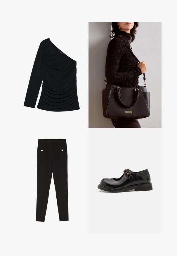 Top negru cu mânecă lungă, cu un design pe un umăr, cu pliere texturată pe față și o finisare dintr-un material neted.; Pantaloni negri din stofă fină, cu o textură netedă, având două buzunare frontale cu accente decorative din metal și un design slim-fit.; Pantof cu toc Mary Jane, din piele veritabilă lacuită neagră, cu vârf rotund, curea ajustabilă cu un cataramă aurie și toc jos, stivuit.; Geantă de umăr neagră cu suprafață texturată, cu două mânere superioare și curea de umăr ajustabilă. Dispune de accesorii metalice de culoare aurie și buzunare laterale.